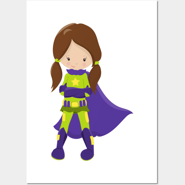 Superhero Girl, Cute Girl, Brown Hair, Purple Cape Wall Art by Jelena Dunčević